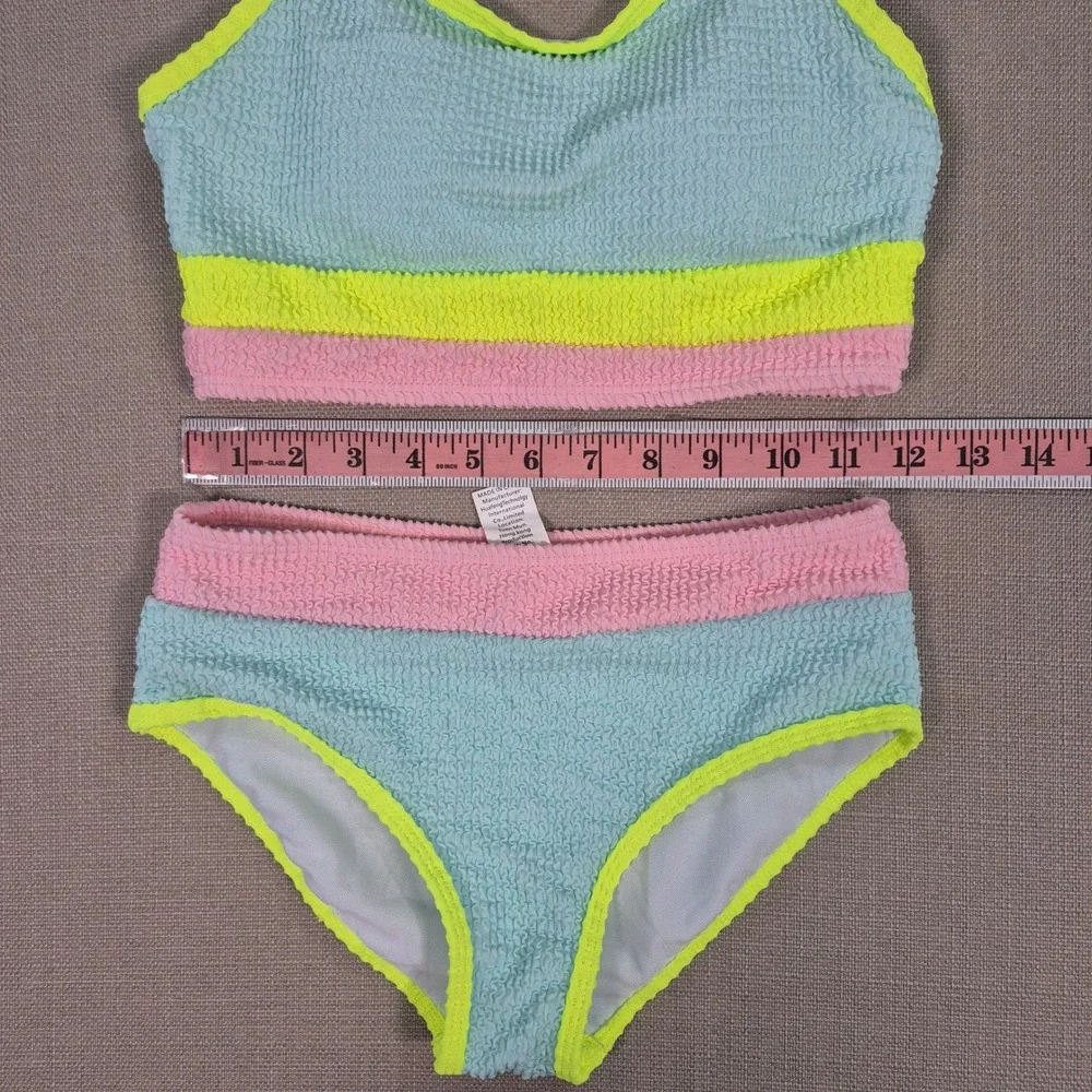 Girls Color Block Textured Bikini Set Blue Pink Neon Yellow Size 11-12Y NWOT